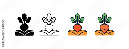 Vector icon beet field autumn same pose same proportions four styles black solid glyph outline minimal flat multicolor filled cartoon flat shaded.