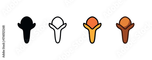 Vector icon clove spice autumn same pose same proportions four styles black solid glyph outline minimal flat multicolor filled cartoon flat shaded.