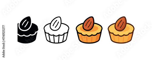 Vector icon almond tart autumn same pose same proportions four styles black solid glyph outline minimal flat multicolor filled cartoon flat shaded.