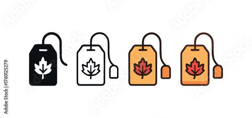Vector icon herbal tea bag autumn same pose same proportions four styles black solid glyph outline minimal flat multicolor filled cartoon flat shaded.
