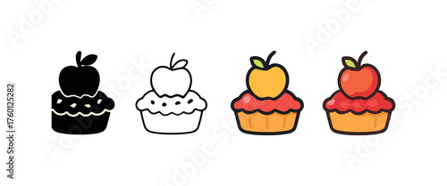 Vector icon jam tart autumn same pose same proportions four styles black solid glyph outline minimal flat multicolor filled cartoon flat shaded.