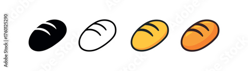 Vector icon bread loaf harvest same pose same proportions four styles black solid glyph outline minimal flat multicolor filled cartoon flat shaded.