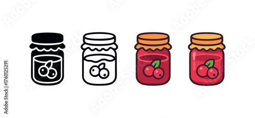Vector icon cranberry sauce autumn same pose same proportions four styles black solid glyph outline minimal flat multicolor filled cartoon flat shaded.