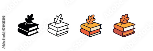 Vector icon autumn book stack same pose same proportions four styles black solid glyph outline minimal flat multicolor filled cartoon flat shaded.
