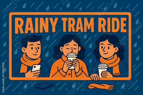 Rainy tram ride banner flat vector illustration bold oversized text inside rectangular frame cartoon characters pressing the banner like window and sipping coffee smartphones and scarves.