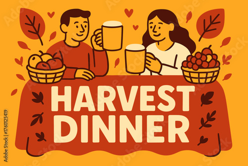 Golden harvest dinner banner flat vector illustration bold oversized text inside rounded blob cartoon characters sitting at table where banner is the tablecloth mugs and baskets of fruit.