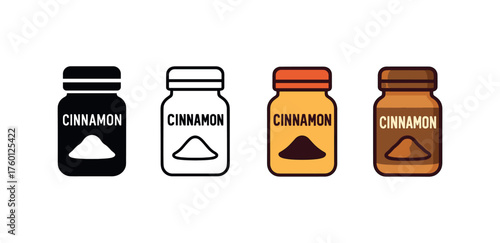 Vector icon cinnamon powder jar same pose same proportions four styles black solid glyph outline minimal flat multicolor filled cartoon flat shaded.