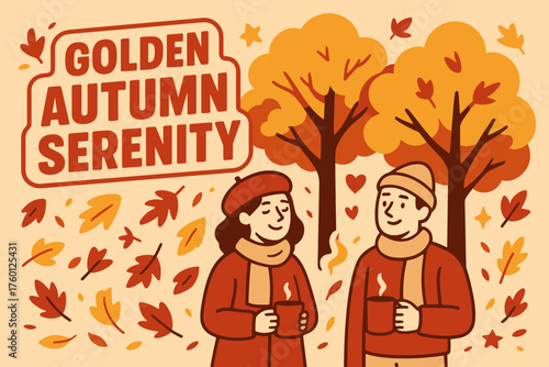 Golden autumn serenity banner flat vector illustration bold oversized text inside outline cartoon characters standing under golden trees holding mugs leaves around red and beige color.