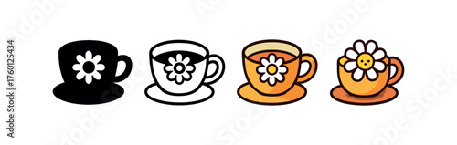 Vector icon chamomile tea autumn same pose same proportions four styles black solid glyph outline minimal flat multicolor filled cartoon flat shaded.