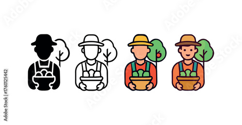 Vector icon orchard farmer with basket same pose same proportions four styles black solid glyph outline minimal flat multicolor filled cartoon flat shaded.