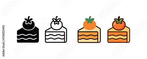 Vector icon persimmon cake autumn same pose same proportions four styles black solid glyph outline minimal flat multicolor filled cartoon flat shaded.