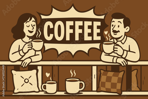 Rustic porch coffee banner flat vector illustration bold oversized text inside comic burst cartoon characters leaning on the banner rail sipping cappuccinos coffee mugs and cozy pillows.