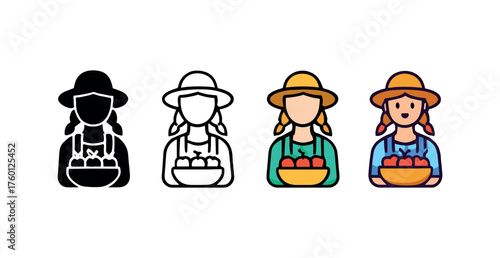 Vector icon farmer woman with apples same pose same proportions four styles black solid glyph outline minimal flat multicolor filled cartoon flat shaded.