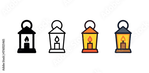 Vector icon candle lantern autumn night same pose same proportions four styles black solid glyph outline minimal flat multicolor filled cartoon flat shaded.