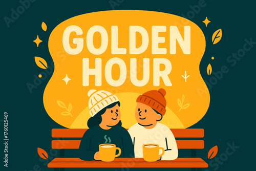 Golden hour bench banner flat vector illustration bold oversized text inside rounded blob cartoon characters sitting shoulder to shoulder against the banner glow cappuccino mugs and knit.