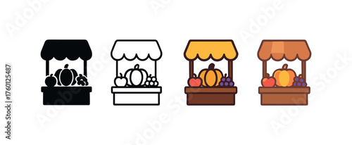 Vector icon market stall harvest same pose same proportions four styles black solid glyph outline minimal flat multicolor filled cartoon flat shaded.