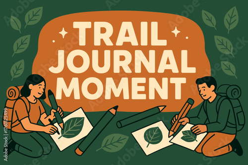 Trail journal moment banner flat vector illustration bold oversized text inside rounded blob cartoon characters writing against the banner with leaf rubbings pencils and backpacks clay.