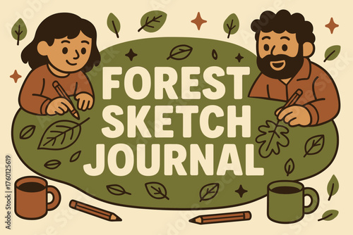 Forest sketch journal banner flat vector illustration bold oversized text inside rounded blob cartoon characters using the banner as sketchbook surface for leaf drawings pencils and mugs.