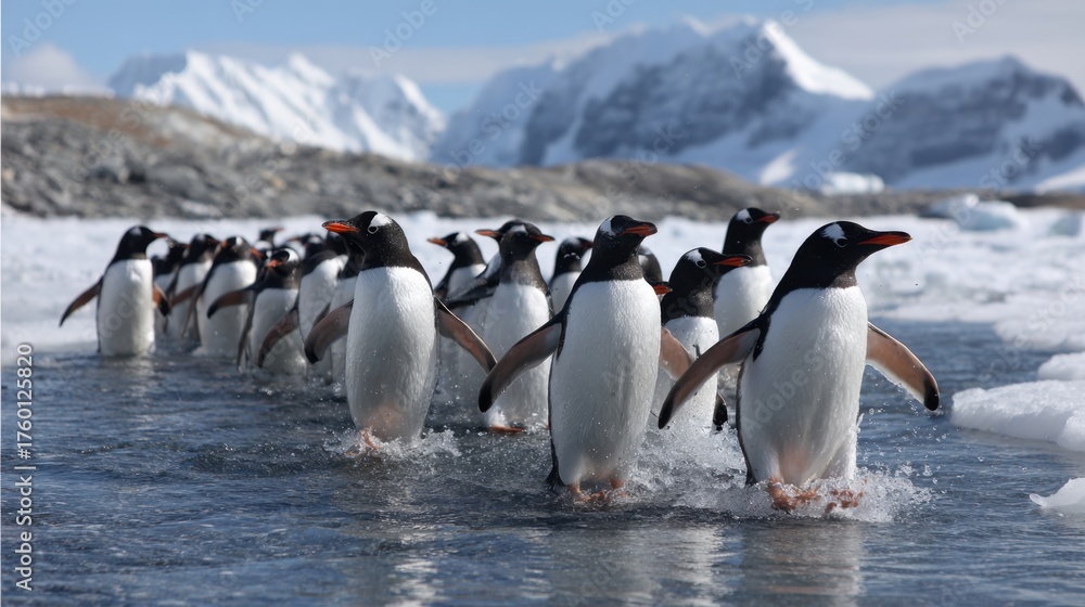 Fototapeta premium Gentoo penguins waddle through shallow water with icebergs in the background on a sunny day.
