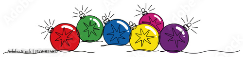 Shiny Colorful Christmas Ornaments. Sparkling holiday baubles in a continuous one line drawing style. Vector illustration.