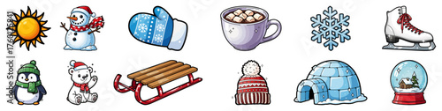 Cute Winter and Christmas Cartoon Icon Set. Vector Collection of Holiday and Seasonal Elements.