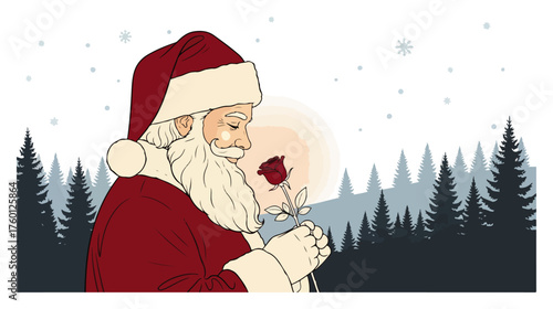 Santa Claus with a red rose — peaceful winter forest scene vintage Christmas vector illustration