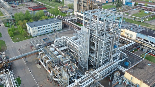 A modern oil refinery. A system for processing crude oil into finished petroleum products.