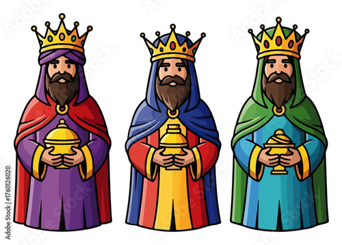 Three Wise Men — Magi with crowns bearing gifts of gold frankincense and myrrh Christmas vector