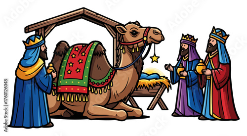 The Three Wise Men Visiting Baby Jesus. Christmas Nativity Scene. Cartoon Vector Illustration.