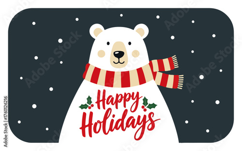 Cute Polar Bear with Scarf Happy Holidays Greeting Card. Vector Winter Animal Illustration.