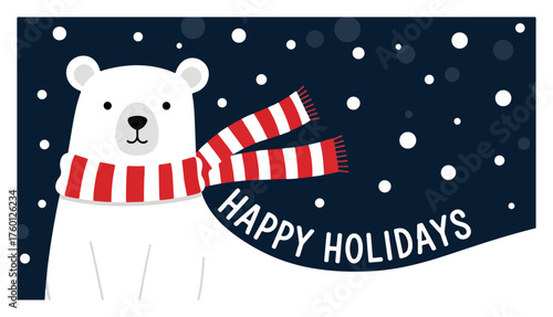 Happy Holidays Winter Banner with Cute Polar Bear. Vector Christmas Animal Greeting Card.