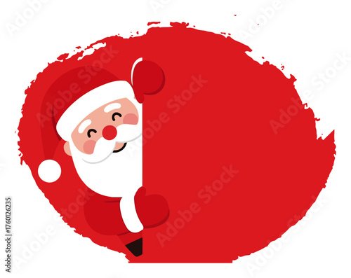 Cute Santa Claus Peeking Behind a Red Banner. Christmas Holiday Character with Copy Space. Vector Greeting Card.