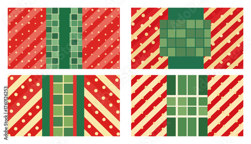 Christmas Geometric Seamless Pattern Set. Vector Collection of Holiday Backgrounds for Wrapping Paper.