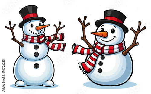 Two snowmen with scarves and hats — cheerful winter Christmas cartoon vector illustration