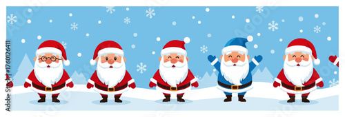 Row of cute Santas on snowy background — winter banner header Christmas vector