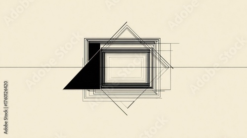 Geometric abstract squares, triangle, and horizontal lines on tan background