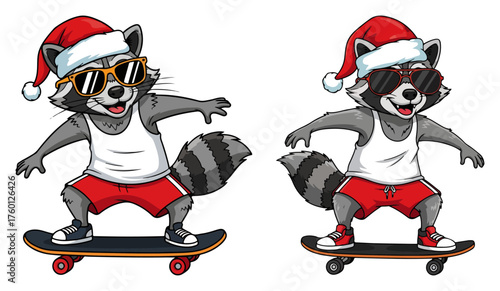 Cool raccoon on skateboard wearing Santa hat and sunglasses — fun Christmas mascot vector