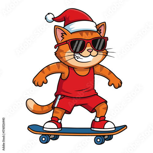 Cool Cat on a Skateboard with Santa Hat. Funny Christmas Kitten Cartoon Character. Vector Illustration.