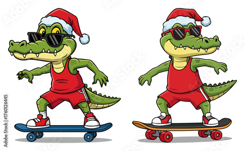 Cool Alligator on a Skateboard with Santa Hat. Funny Christmas Crocodile Cartoon Character Set. Vector Illustration.