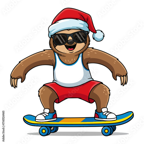 Cool Sloth on a Skateboard with Santa Hat. Funny Christmas Cartoon Character. Vector Illustration.