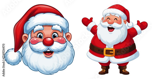 Cartoon Santa Claus Character Set. Vector Illustrations of a Happy Santa Head and Full Body.