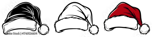 Santa Hat Vector Set. Collection of Christmas Hats in Cartoon Sketch and Monochrome Styles.