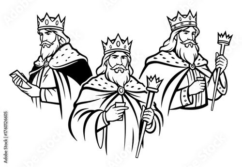 The Three Kings Magi Christmas Nativity. Vector Black and White Religious Illustration.