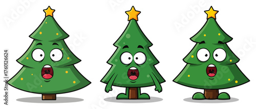 Funny Christmas Tree Cartoon Character with Shocked Expressions. Vector Holiday Mascot Set.