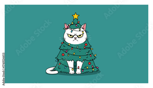 Grumpy Cat in a Christmas Tree Costume. Funny Holiday Vector Illustration.
