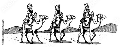 The Three Wise Men Riding Camels. Christmas Nativity Scene in a Hand Drawn Sketch Style. Vector Illustration.