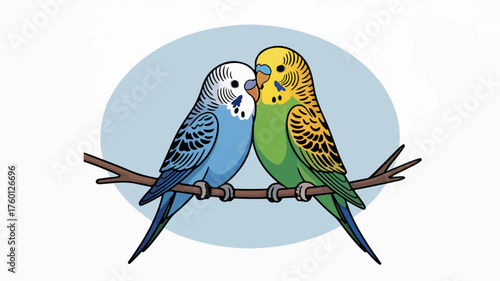 Two colorful budgies nestled together on a branch, symbolizing friendship and love