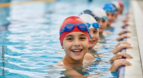 Kids having fun in the pool during swimming lesson in an aquatics center class