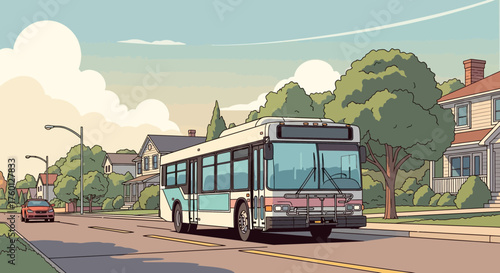 Cartoon style illustration capturing a bus navigating a suburban street