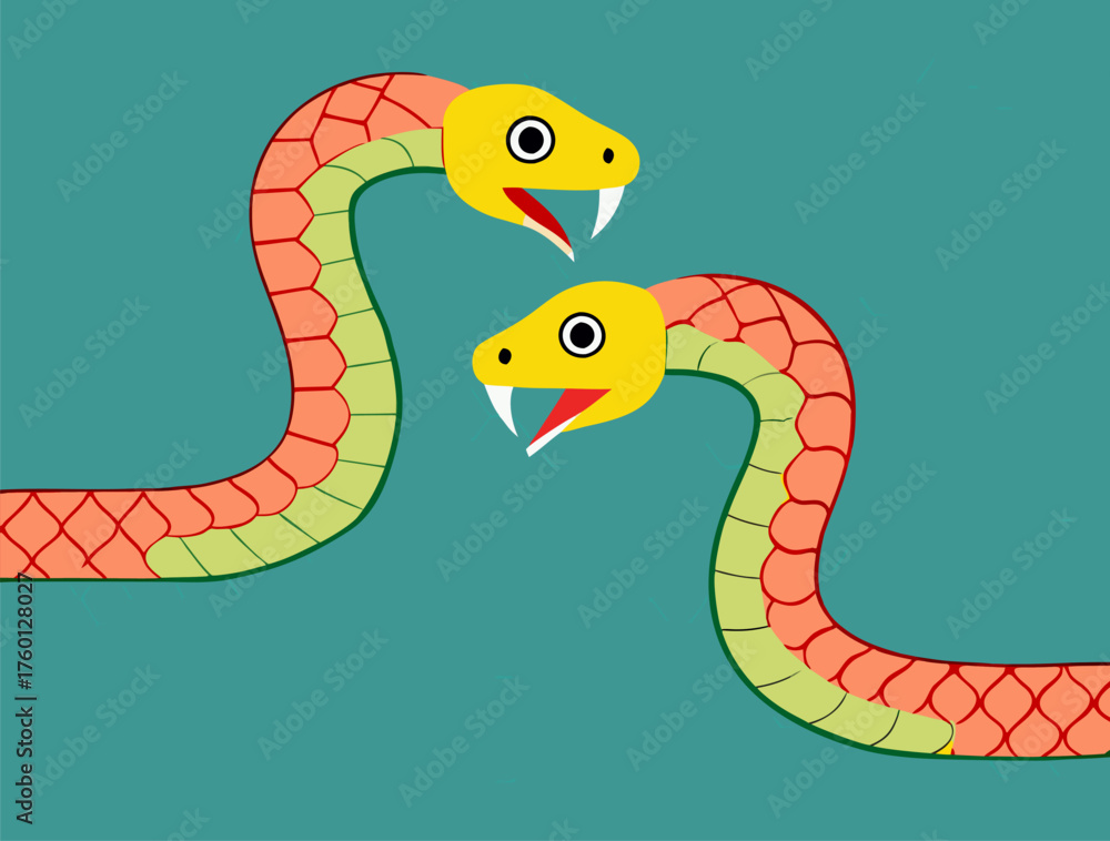 Fototapeta premium Stylized Cartoon Illustration of Two Playful Snakes